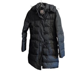 Roots Women’s Black Long Puffer Coat Hooded Quilted Winter Jacket